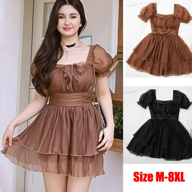 Plus Size XL-8XL Korea Style Short Sleeve One Piece Swimsuit Women Solid Swimwear Skirt Monokini Ruffle Push Up Pad Bathing