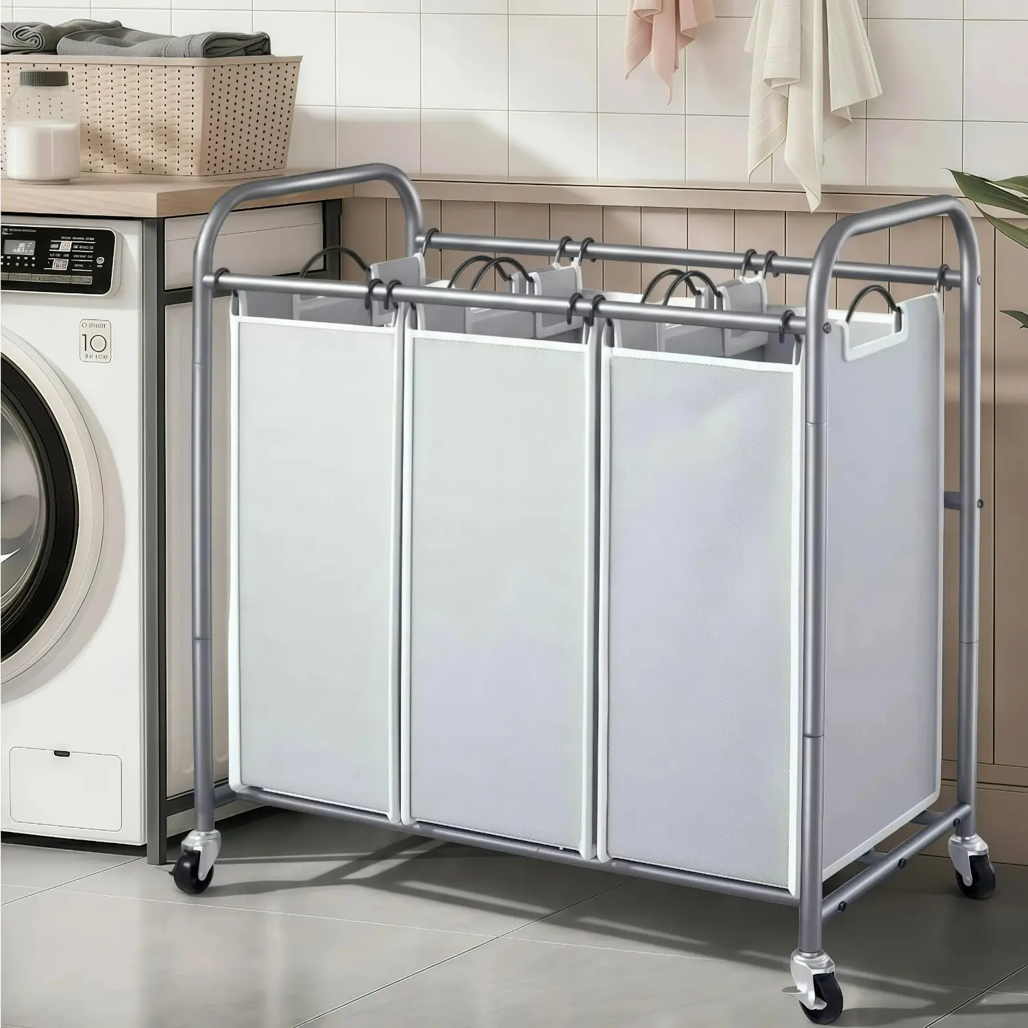 

Laundry Sorter Hamper 3 Section, Divided Laundry Basket Organizer with Heavy Duty Lockable Wheels and