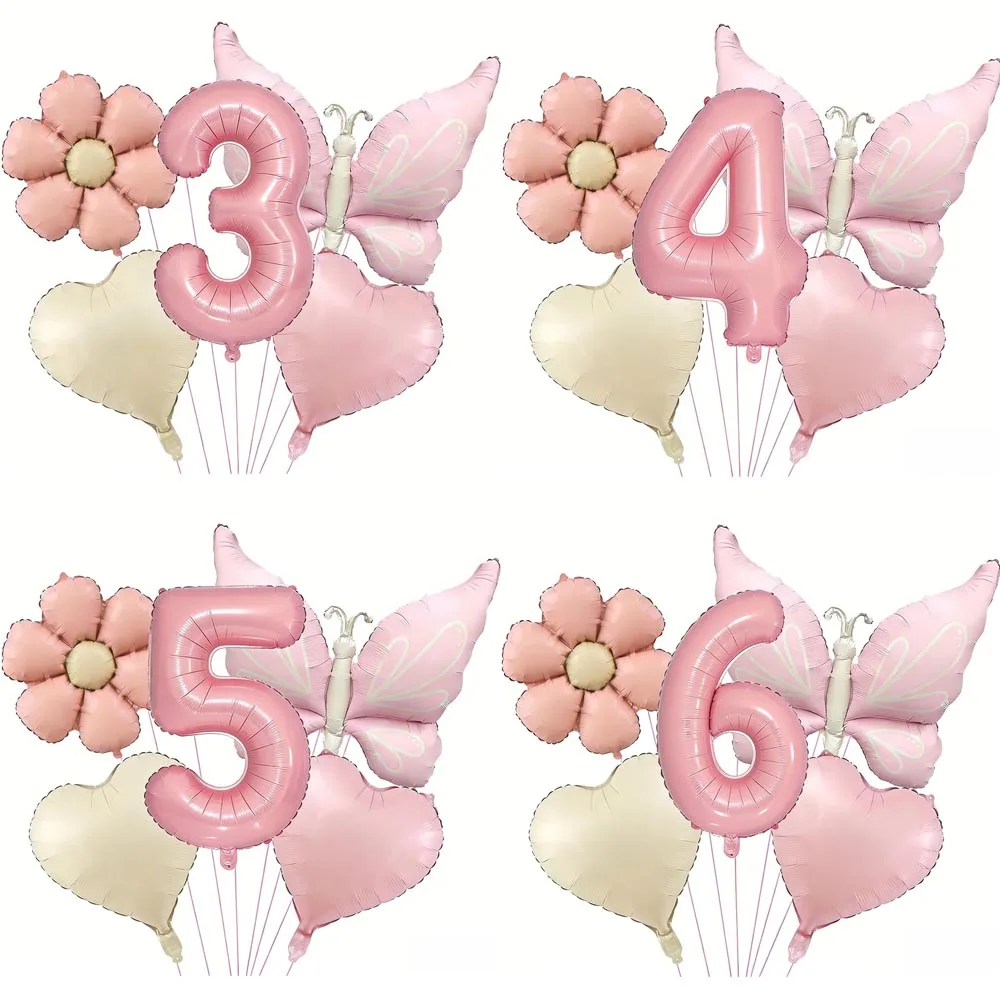 5 Stück Matte Rosa Schmetterling 32 Zoll Zahlenballon Gänseblümchen Herzförmige Folienballons Geburtstag Hochzeit Party Dekorationen
