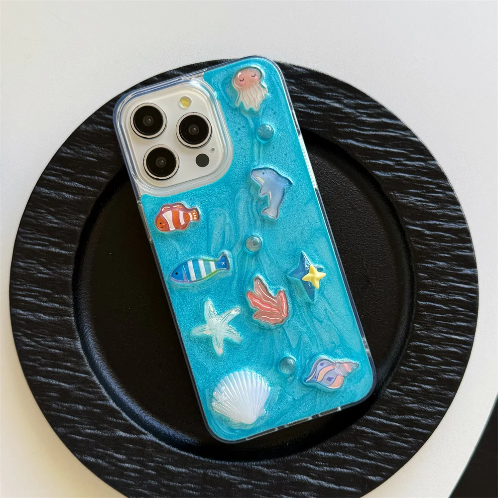 Leuke Vis Shell Geschikt Voor iPhone 17 Pro Max 15 14 13 Plus 16 Pro Max Koreaanse Rimpel Onderwaterwereld beschermhoes