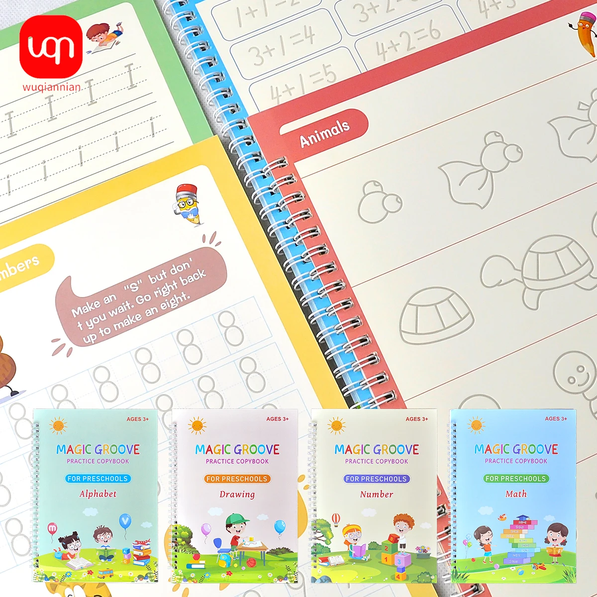 4 Books Reusable Magic Copybooks for Kids Handwriting Workbooks for Preschools Grooves Template Design Aid Practice Copybook