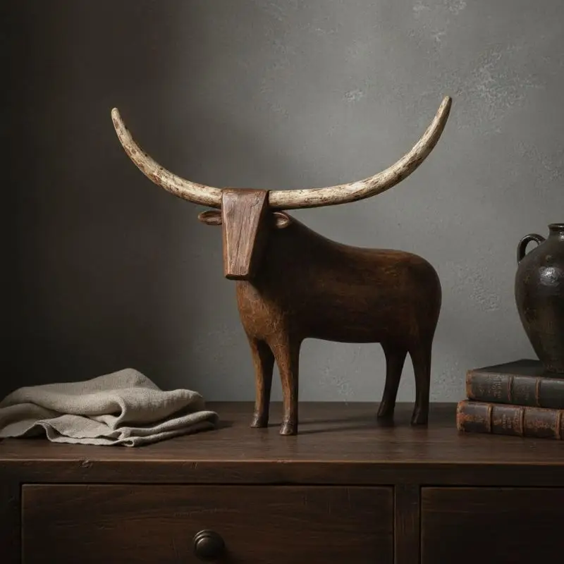 Vintage Style Longhorn Bull Sculpture Western Style Rustic Resin Bull Tabletop Statue Rugged Handcrafted Sheep Cow Figurine