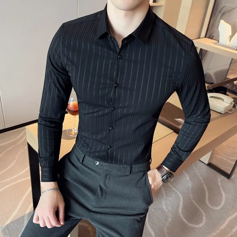 

Spring Summer Striped Shirts Men Non Ironing Business Dress Shirt Long Sleeve Casual Social Party Tuxedo Blouse Men Clothing