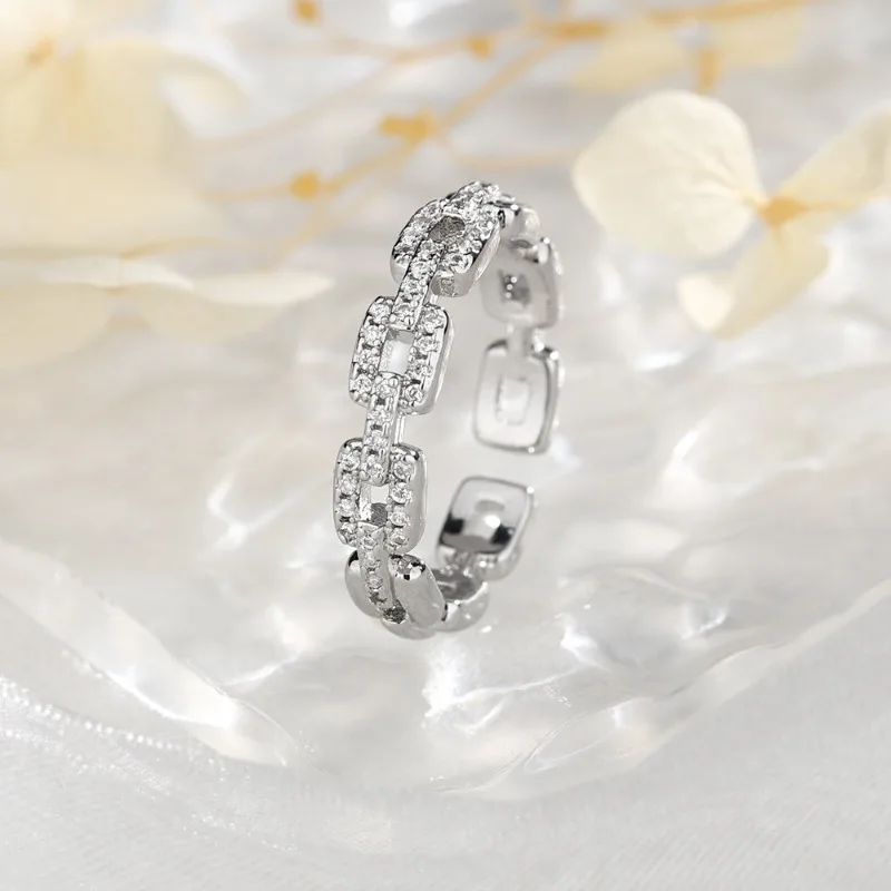 

925 Sterling Silver Charming Geometric Hollow Square Zircon Opening Ring for Women Fine Jewelry Minimalist Accessories