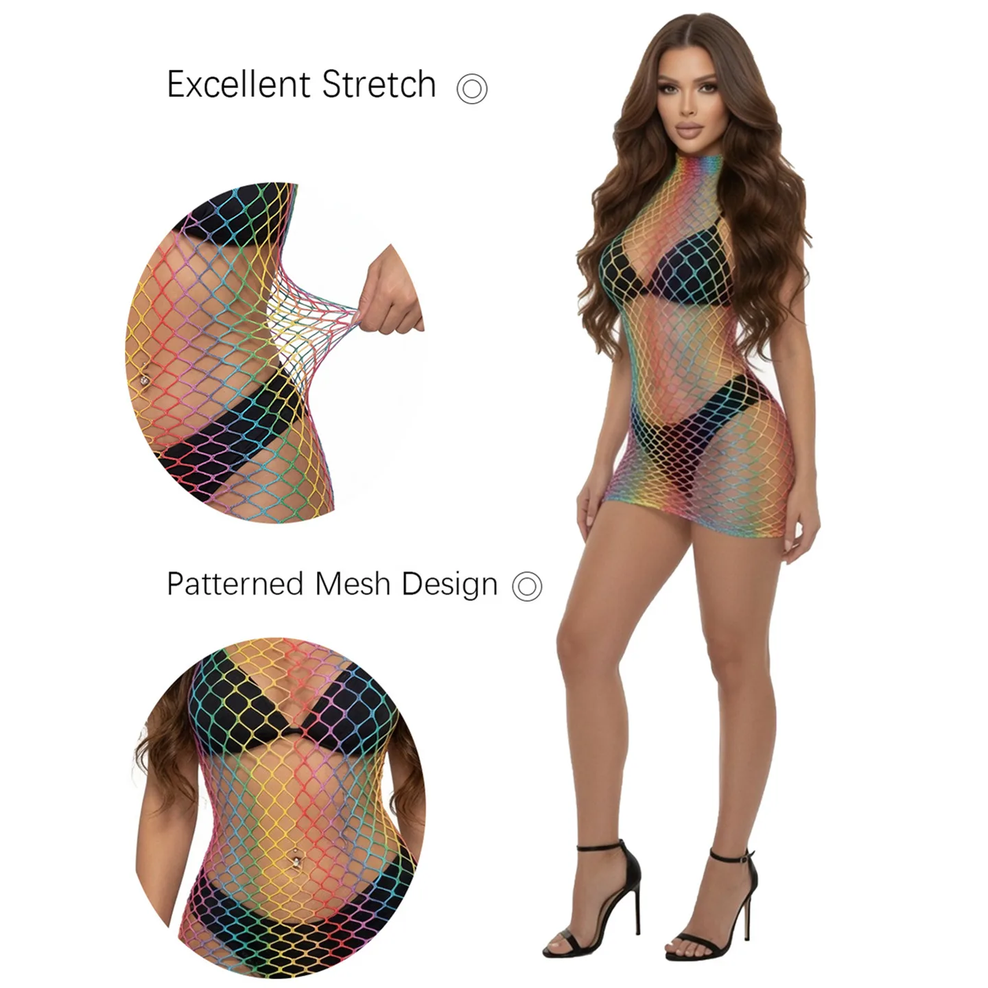 Sexy Netzkleid mit Aussparungen ohne Bikini-Unterwäsche, Sommer-Urlaubskleid, elastisches Mini-Bodycon-Regenbogenkleid – Detail 6