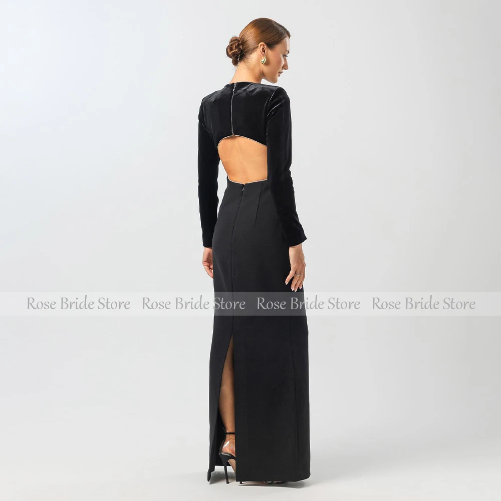 Elegant Formal Evening Dress Black Velvet Long Sleeves Column Evening Gowns for Women 2024 Open Back Floor Length Party Dresses