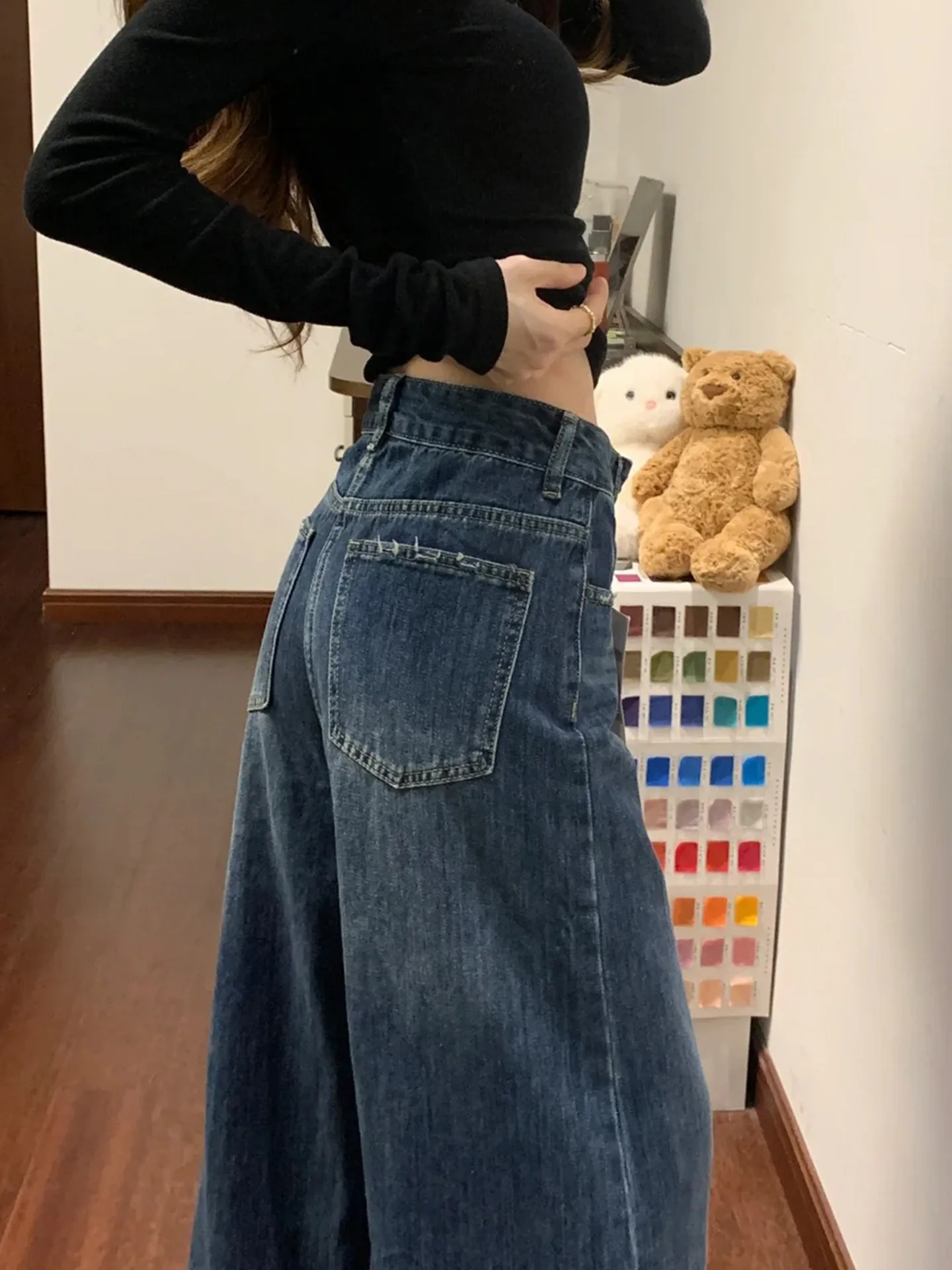 American Retro Women's Jeans Loose Fit Straight Leg Torn Casual High Waist Denim Pants Draping Wide Leg Pants Versatile Slimming