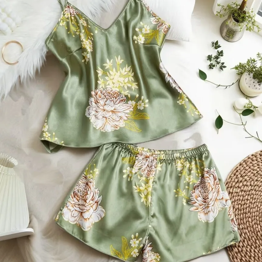 Summer Shorts Women Matching Sets Satin Short Pants Floral Print Sleep Shorts Elastic Waist Pajama Shorts Women's Matching Two