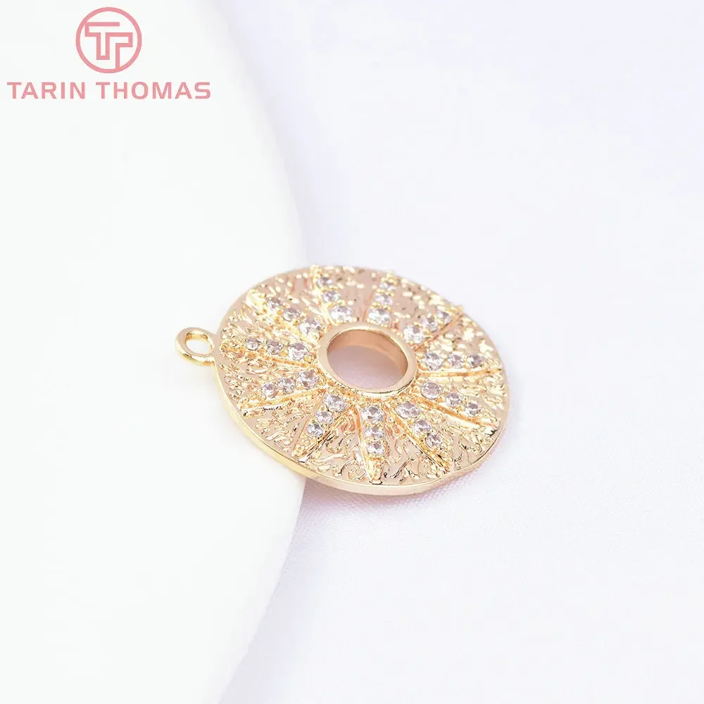 (6648) 2PCS 20MM 24K Gold Color Brass with Zircon Round Charms Pendants High Quality DIY Jewelry Making Findings Wholesale