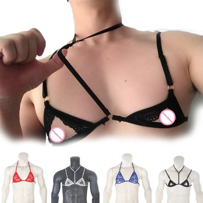 Man Lace Bra Sexy Lingerie Exotic BDSM Underwear Adjustable Open Cup Hole Male Outdoor Sex Nipple Expose Top Fetish Gay Cloth