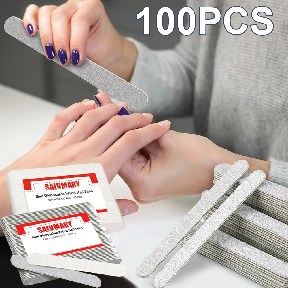 

100PCS Mini Wooden Nail File Polishing Sand Buffer Tool 80/100/180 Grit for Home