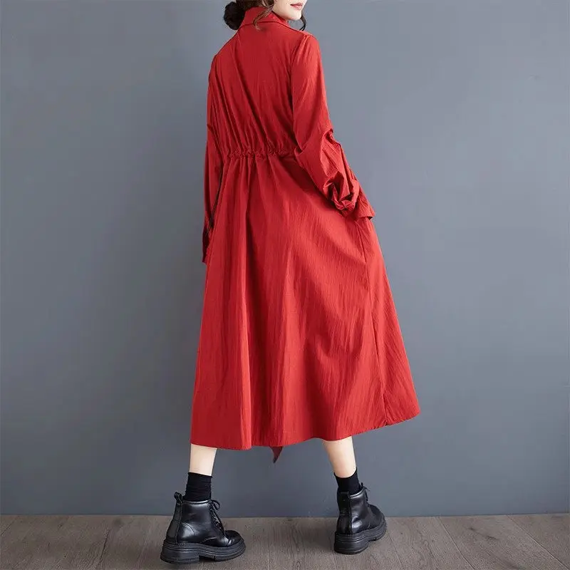 불규칙 플리츠 프릴 에지 원피스 롱 셔츠, 분위기 있는 라지 사이즈 여성복, 루즈한 패션, 2024 가을 신상