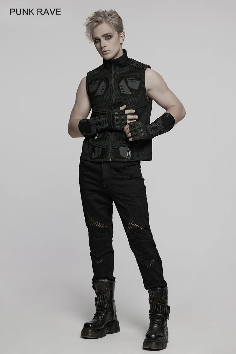 فاسق الهذيان الرجال Cyberpunk مطاطا محبوك و قفازات منسوجة المعصم الأسود المطاط درع بقع وسيم الجدة اكسسوارات 1 زوج #4