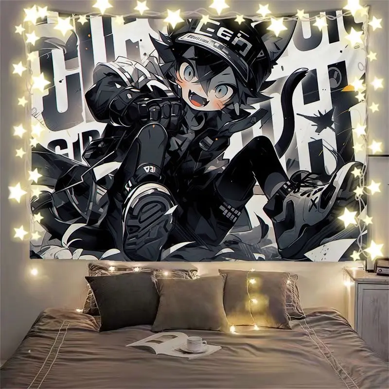 VIKAMA Japanese-Style Street Cyberpunk Anime Tapestry, Cool E-Sports Style Bedroom And Living Room Background Fabric, Home Decor