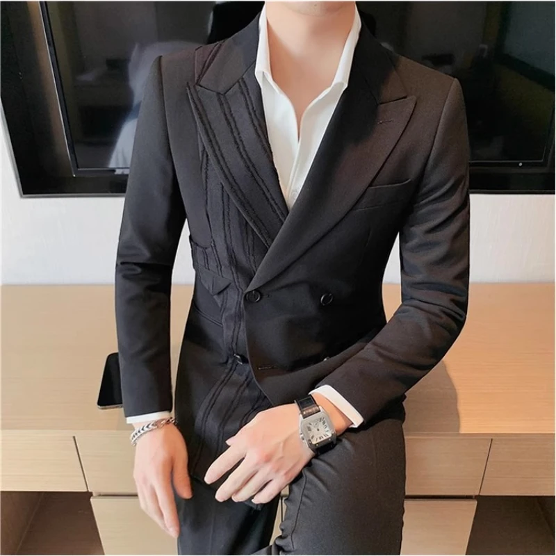 

Autumn Stripe Stitching Blazers Men Double-breasted Casual Suit Jacket High-quality Male Business Social Wedding Dress Coat 2025