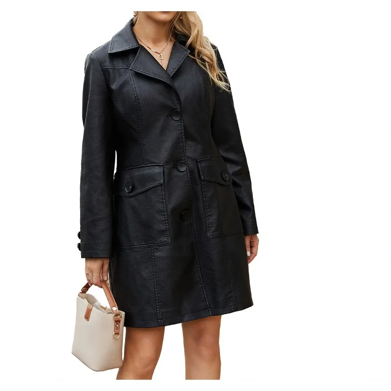 Nowa długa skórzana kurtka na wiosnę 2025, skórzany płaszcz typu trencz z długim rękawem, modna brytyjska kurtka damska z klapami, jednorzędowa.
