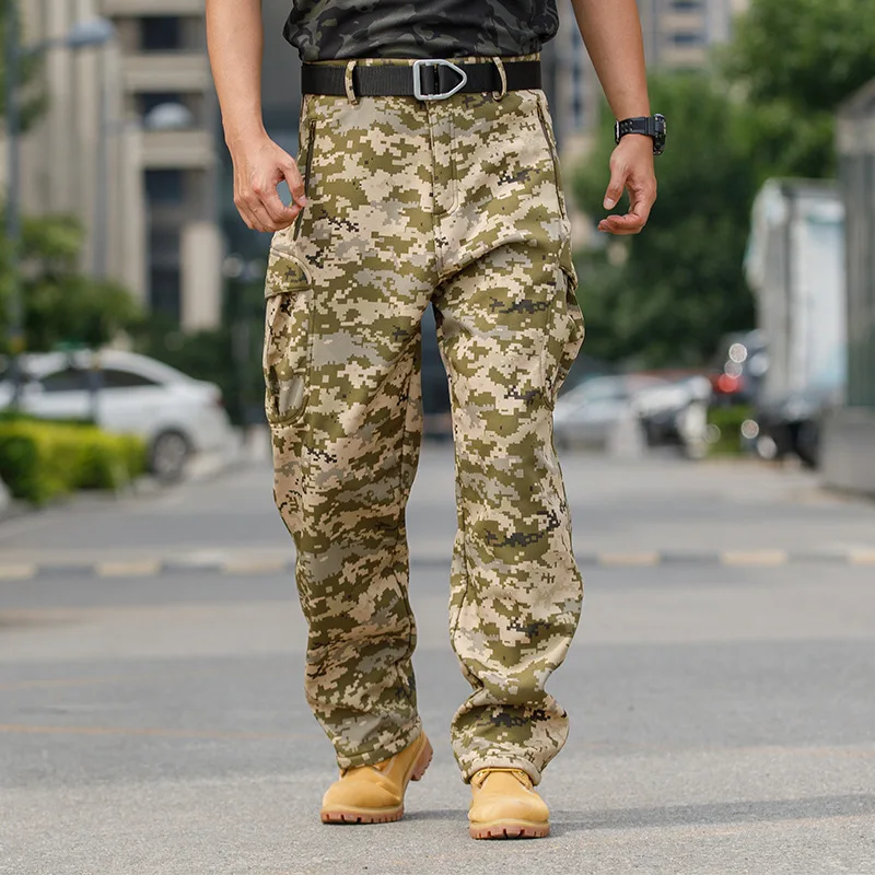 Winter Plus Fleece Outdoor Camping Cargo Broek Mannen Meerdere Zakken Losse Tactische Broek Dikker Militaire Camouflage Broek Man