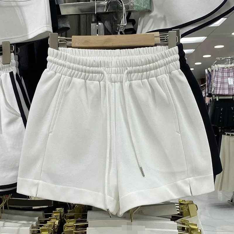 New Solid Elastic Waist Drawstring A-line Shorts Women Fashion All Match Summer Pantalones Cortos De Mujer Korean Split Shorts