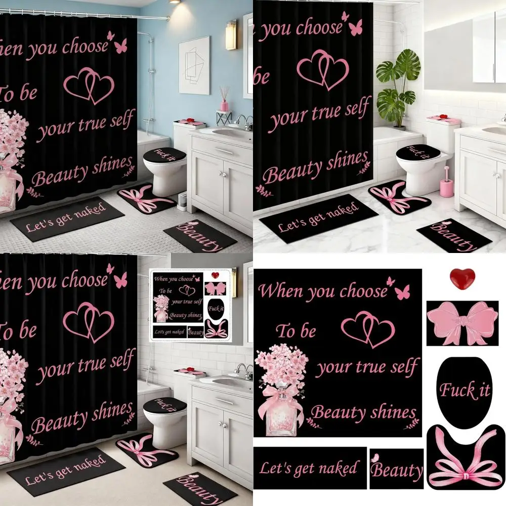 

Modern 7-Piece Shower Curtain & Bath Mat Set with Black Rugs and Toilet Lid Cover for Stylish Bathroom Decor