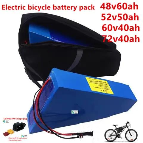 แบตเตอรี่ลิเธียมทรงสามเหลี่ยม 52V 48V 60V 72V ความจุขนาดใหญ่ 30 40 50 60ah 84v 3000W ใช้เซลล์ 21700-18650 พร้อมที่ชาร์จ 5A