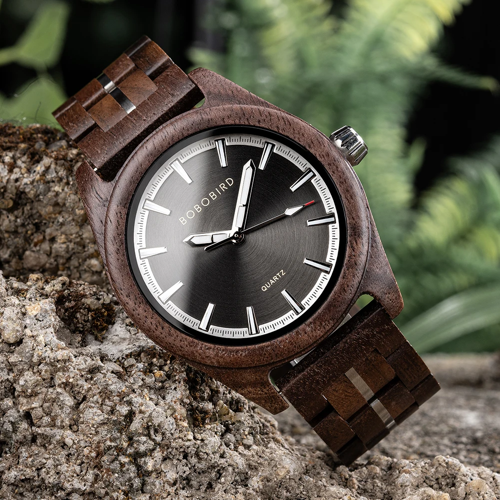 Bobo-男性用ウォールナットウッドウォッチ,日本のクォーツムーブメント,発光ディスプレイ,バタフライバックル,ストラップ調整ツール,直接配達