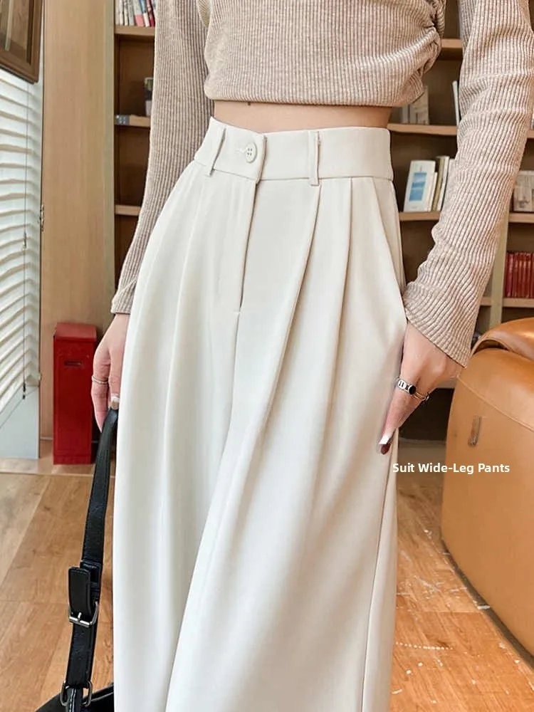 White High Waist Narrow Version Wide Leg Pants Women's Casual Straight Cut Trousers Spring Autumn Season Elegant Suit Pants