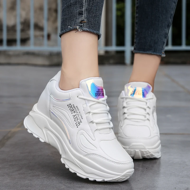 White Platform7cm Sneakers Woman Wedges Sneakers Sport Shoes Trend Leather Autumn Shoes Hidden Wedge Female Ladies Luxury 2022