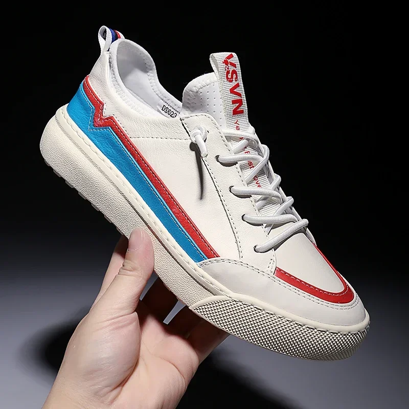 Fashion Young Men's Sneakers Korea White Genuine Leather Casual Running Shoes For Men Anti-Skid Breathable Light Trainer Men