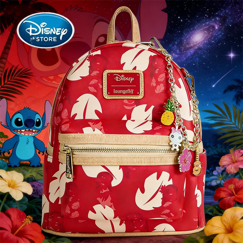 

Новый мини-рюкзак Disney Lilo & Stitch Red с тропическим узором 2026. (подвески в комплекте с ананасами и гавайской гитарой)