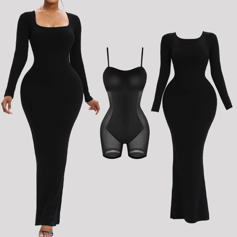 

Women Long Sleeve Maxi Shapewear Slips Dress Slimming Waist Hip Enhancer Body Shaper With Built In Bra