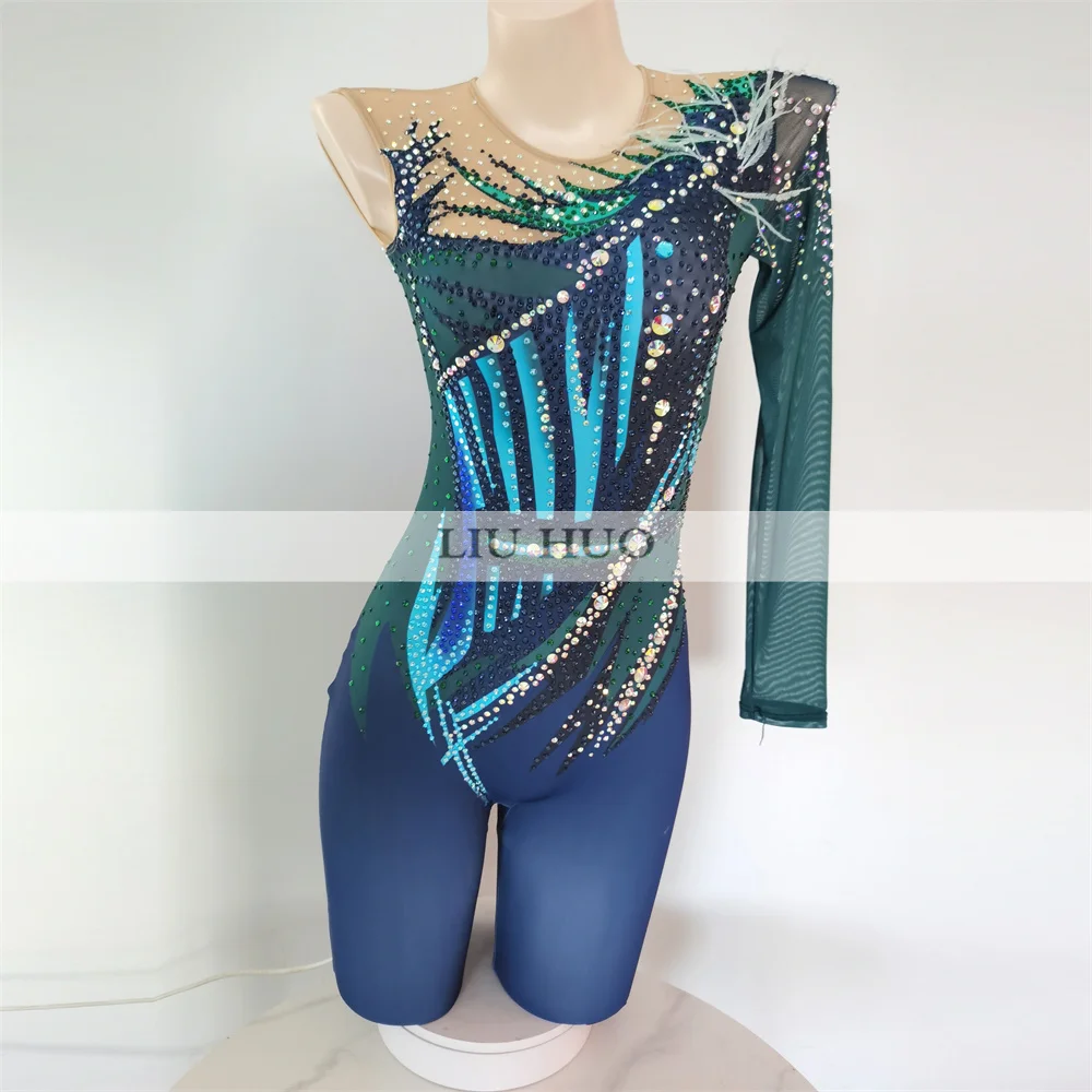 LIUHUO Rhythmic Gymnastics Leotard Customize Women Girl Costume Performance Competition Dance Dress Aerobics Jumpsuits Blue Teen