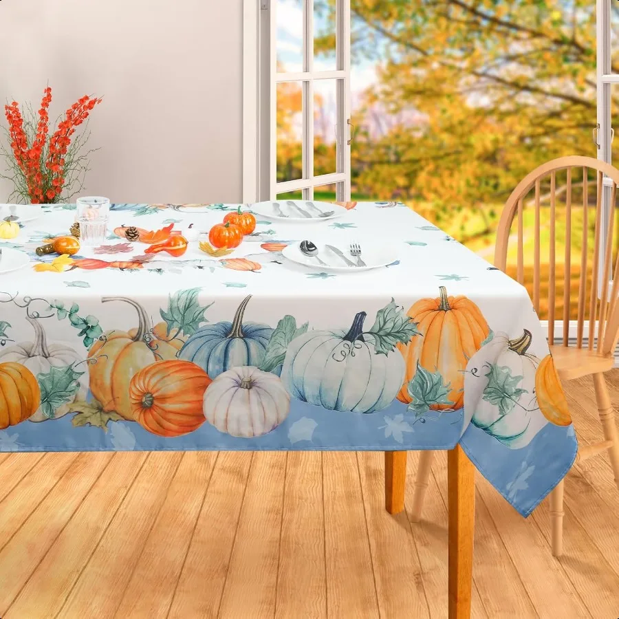 

Fall Tablecloth 60x84 Rectangular Orange Blue White Pumpkin Fall Harvest Tablecloths Decor Water Resistant Autumn Thanksgiving