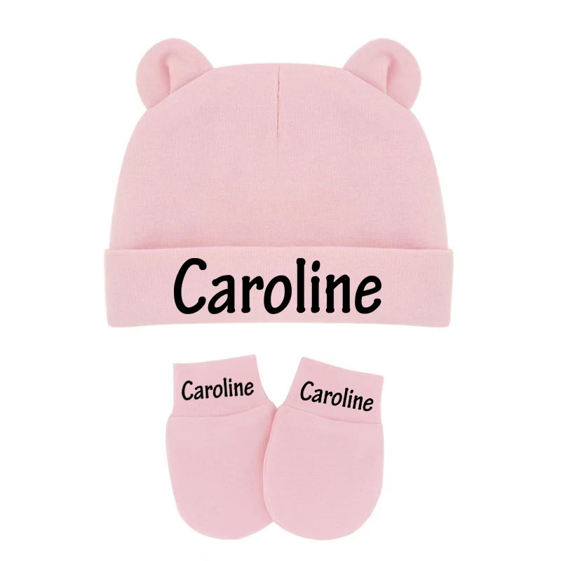 Custom Name Newborn Baby Beanies Cute Baby Hat & Mittens With Ears Cotton Stretchy Boys Girls Warm Cap Gloves Baby Shower Gifts