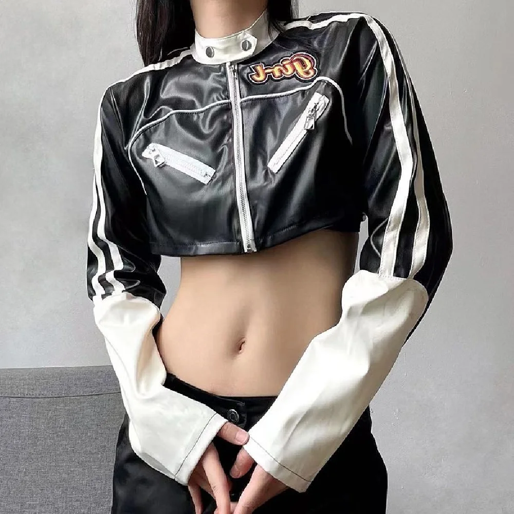

American Retro Black PU Leather Jacket Women'S Spring Autumn New Stand-Up Collar Casual Loose High Waist Joker Bomber Jacket