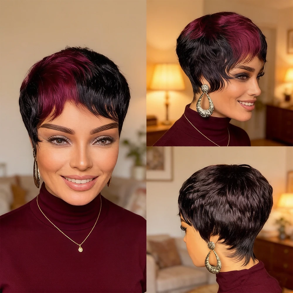 

Парик с короткой стрижкой пикси Natural Look 089, без клея, 100% натуральные человеческие волосы, черный с бордовыми прядями, прямая многослойная прическа