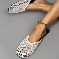 New Women's Slippers Fashion Mesh Flat Bottom Square Toe Flip Flops Hollow Casual Simple Solid Sandals Plus Size Chinelo Nuvem