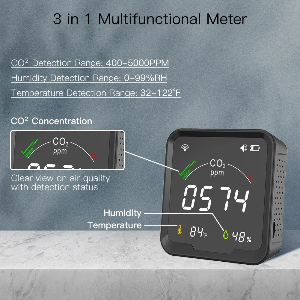 Moes Luftqualität Kohlendioxid-Detektor mit Wecker, Temperatur überwachung, Feuchtigkeit sluft tester, WLAN/BT,Tuya Smart,3 in 1,CO2