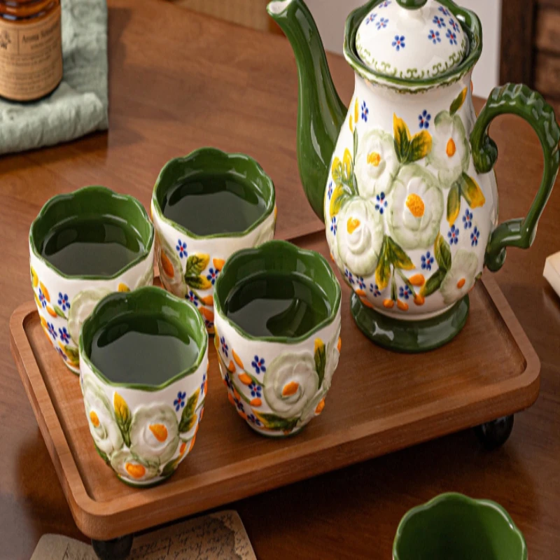 

Home Polish Nordic Style Vintage Exquisite Ceramic Water Bottle, Coffee Cup, Afternoon Tea Set High-temperature Resistant Teapot