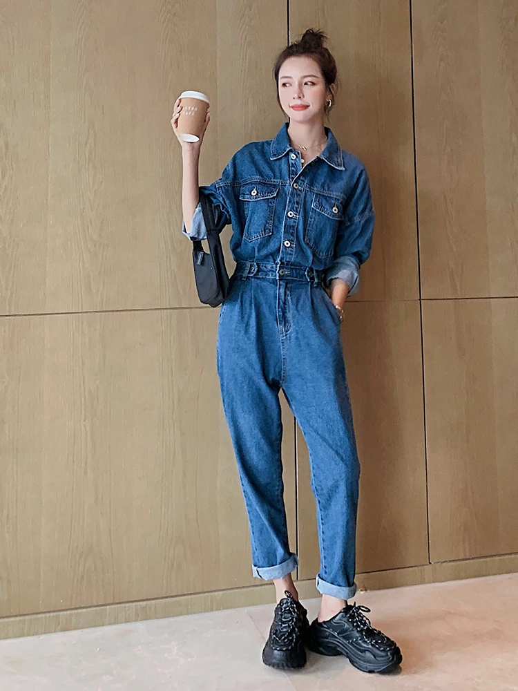 

Ele Faionable Denim Workwear Jumpsuit Women's Spring Autumn New High End Exquisite One-Piece Suit Set Commute Sle
