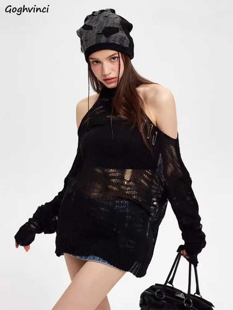 

Off-shoulder Baggy Pullovers Women Thin Hollow Out Ulzzang Chic Hip Hop Sexy Girls Streetwear Solid Young Simple Hotsweet Knit