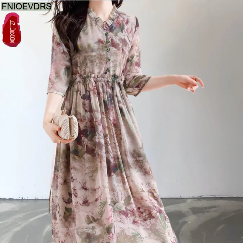 Chiffon Lange Kleider Neue Sommermode 2026 Damen Kurzarm Elegantes Büro-Outfit Blumendruck Retro Rüschen Hemdkleid
