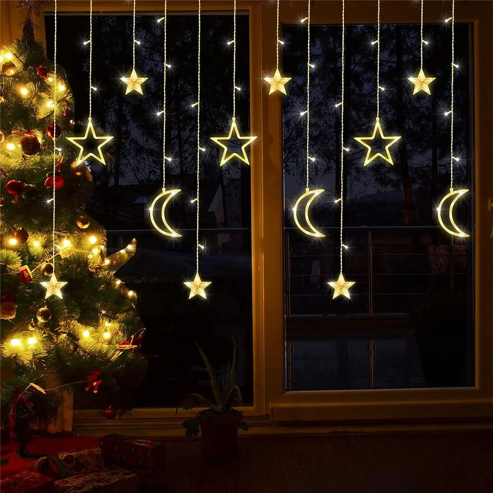 220V 138 LEDs Curtain Lights Christmas Moon Star Window Fairy String Lights for Indoor Window Patio Kid Bedroom Decoration