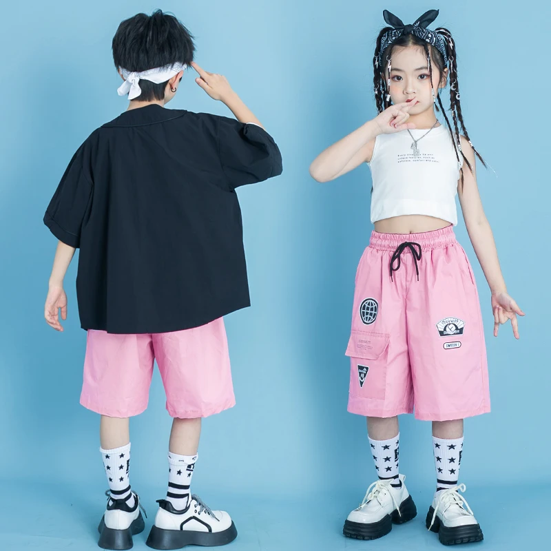 Kids Street Wear Hip Hop Clothing Balck Cardigan Baseball Shirt Tops Pink Cargo Shorts for Girl Boy Jazz Dance Costume Clothes