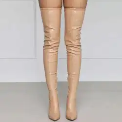 Apricot High Heels Knee Boots Sexy Stiletto Soft Pu Women's Over The Knee With Side Zip Big Sale