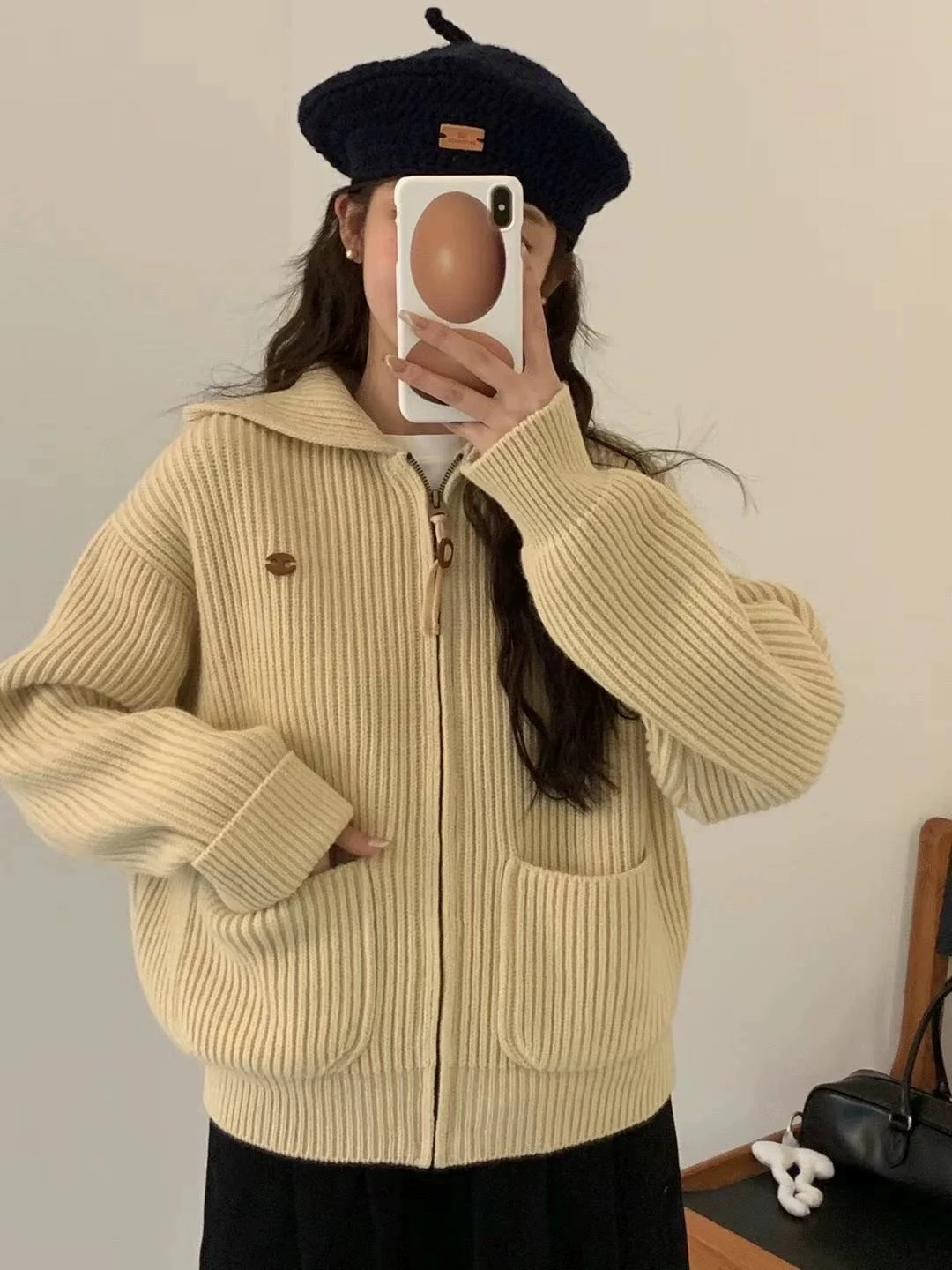 

Miss Candy Egg Vintage Anti-Aging Hooded Loose Zipper Knitted Wool Sweater Coat Women's Spring Autumn Sweet Style Cardigan