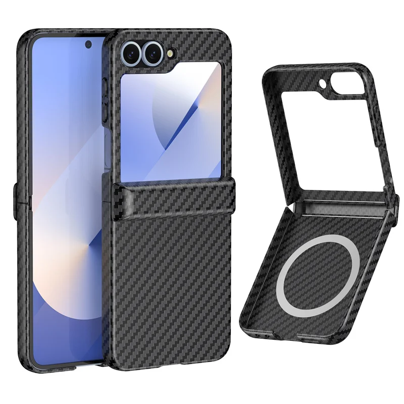 

For Samsung Galaxy Z Flip 6 5 5G PC Carbon Fiber Texture Magsafe Phone Case Wireless Charging Hinge Shockproof Protective Cover