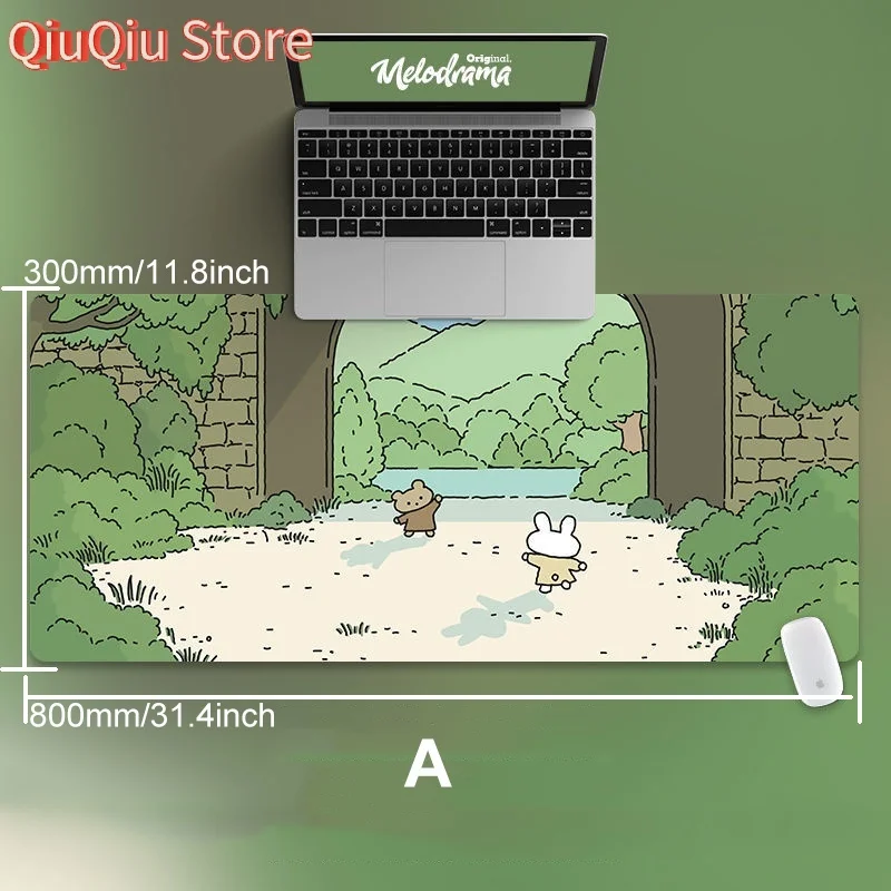 

80x40cm Cat and Rabbit HD Thickened Mouse Pad Green Cute Cartoon Animal Personality Oversized Gaming
