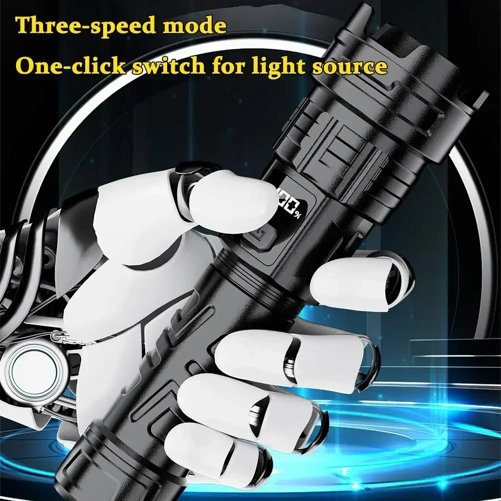 Super Bright LED Flashlight USB Rechargeable Torch Outdoor Zoom Fishing Hunting Spotlight Built-in 18650 Battery ABS Flashlight