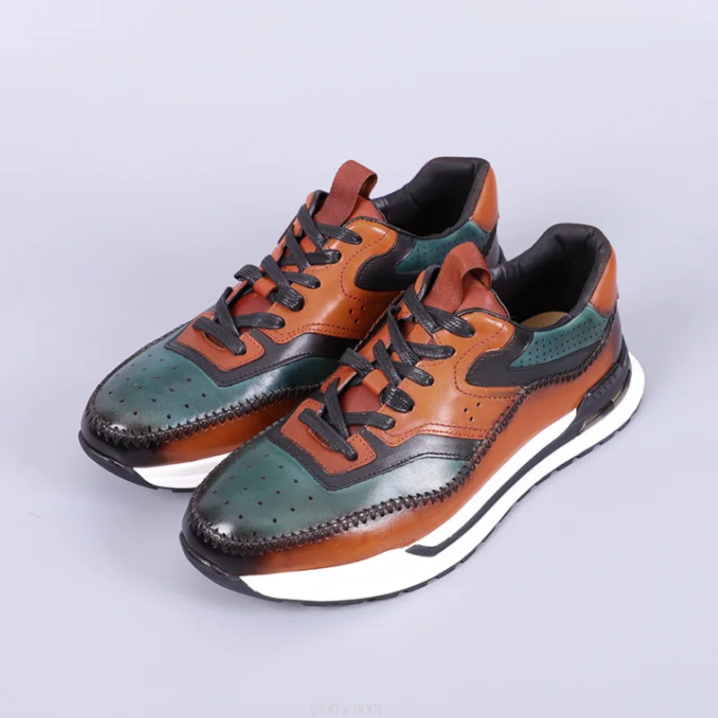 

France Luxury Men Casual Sneaker Soild Brown Sports Style Daily Lace-up Genuine Leather Flat Derby Shoes b16