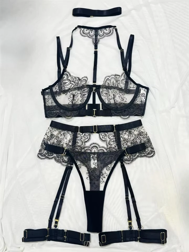 

Bikini with intricate embroidery lingerie set, sexy metal front clasp hollow-out swimsuit five-piece set
